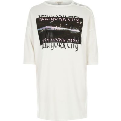 White NYC print longline T-shirt